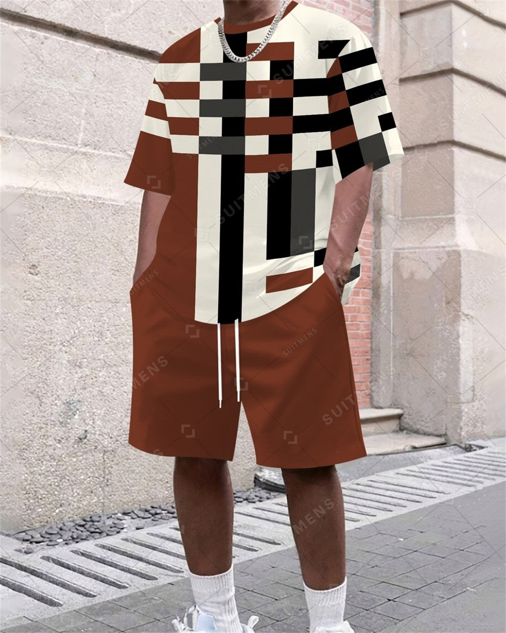 Men's Summer Color Matching Print Round Neck Set 316