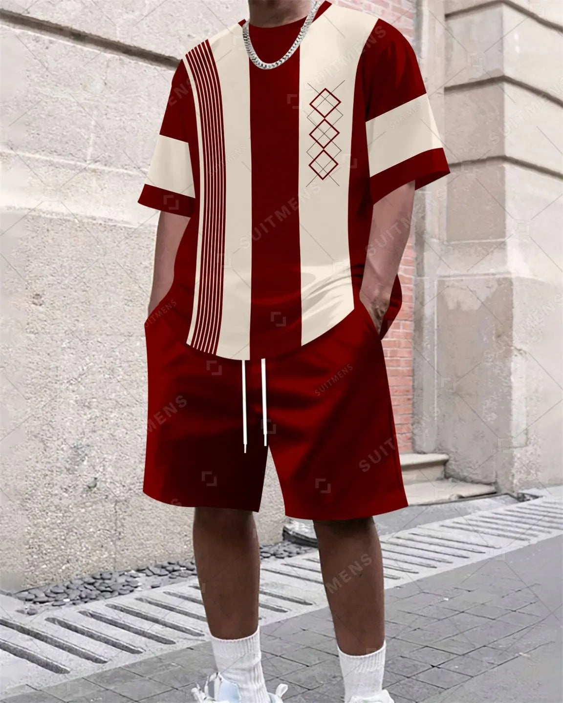 Men's Summer Colorblock Printed Round Neck Set 382