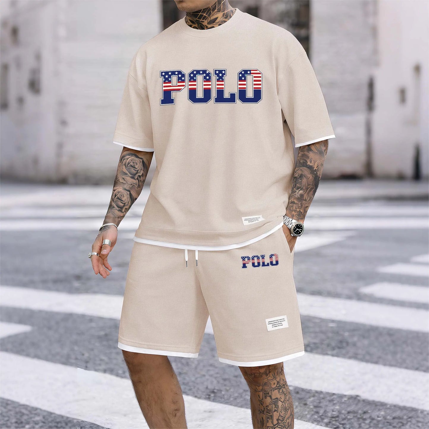 Men's Polo Print Drawstring Shorts Set For Spring/Summer. A Casual Summer Outfit, Including A Short-Sleeved Shirt And Shorts, Suitable For Everyday Wear And Sports. A Two-Piece Set For A Relaxed And Energetic Lifestyle.