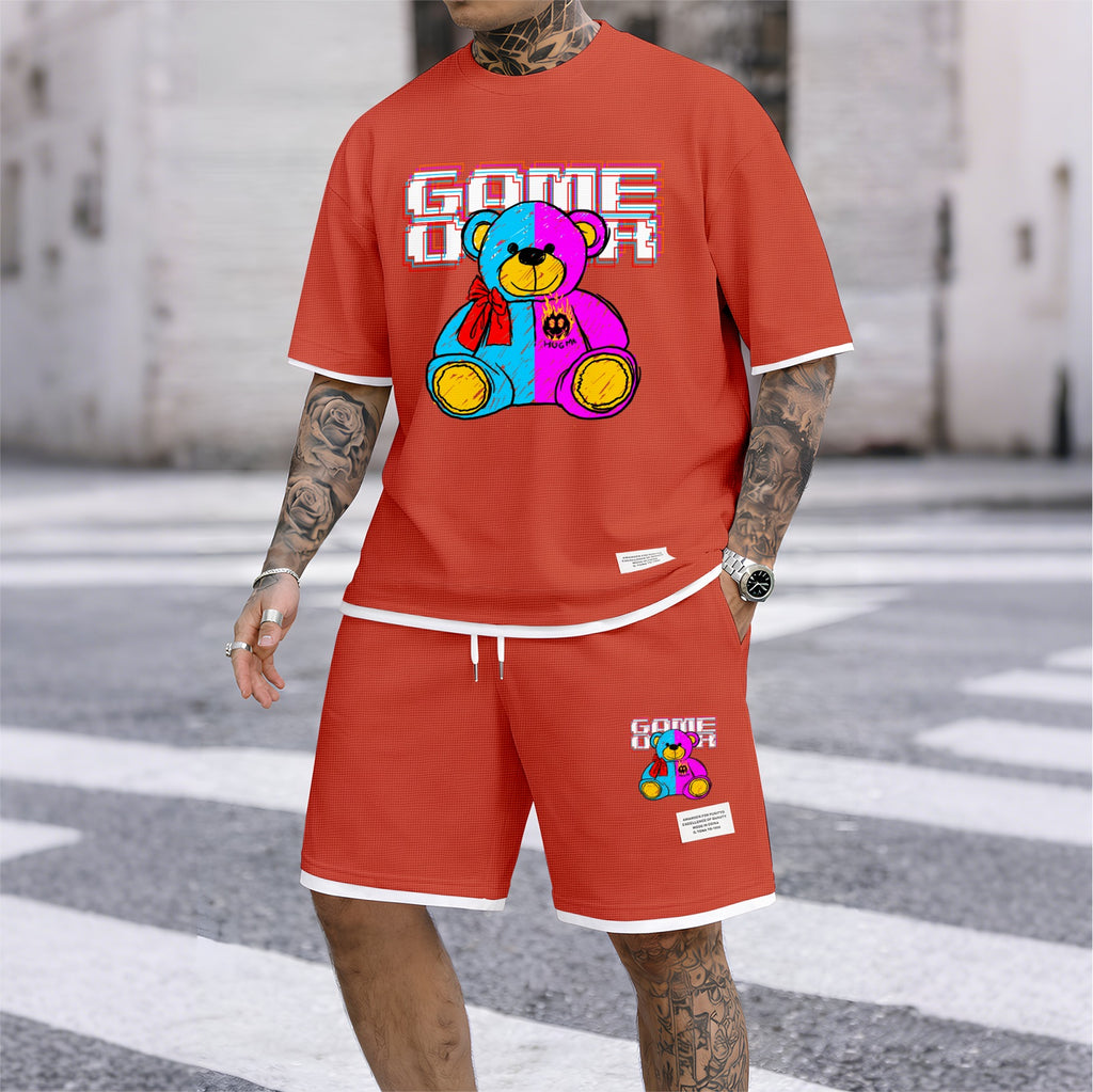 Men's Bear Graphic Print Short Sleeve Shirt and Drawstring Shorts Set, Casual Summer Two-Piece Outfit, Lightweight Breathable Relaxed Fit Athletic Set for Daily Wear, Beach, Vacation, Travel and Loungewear