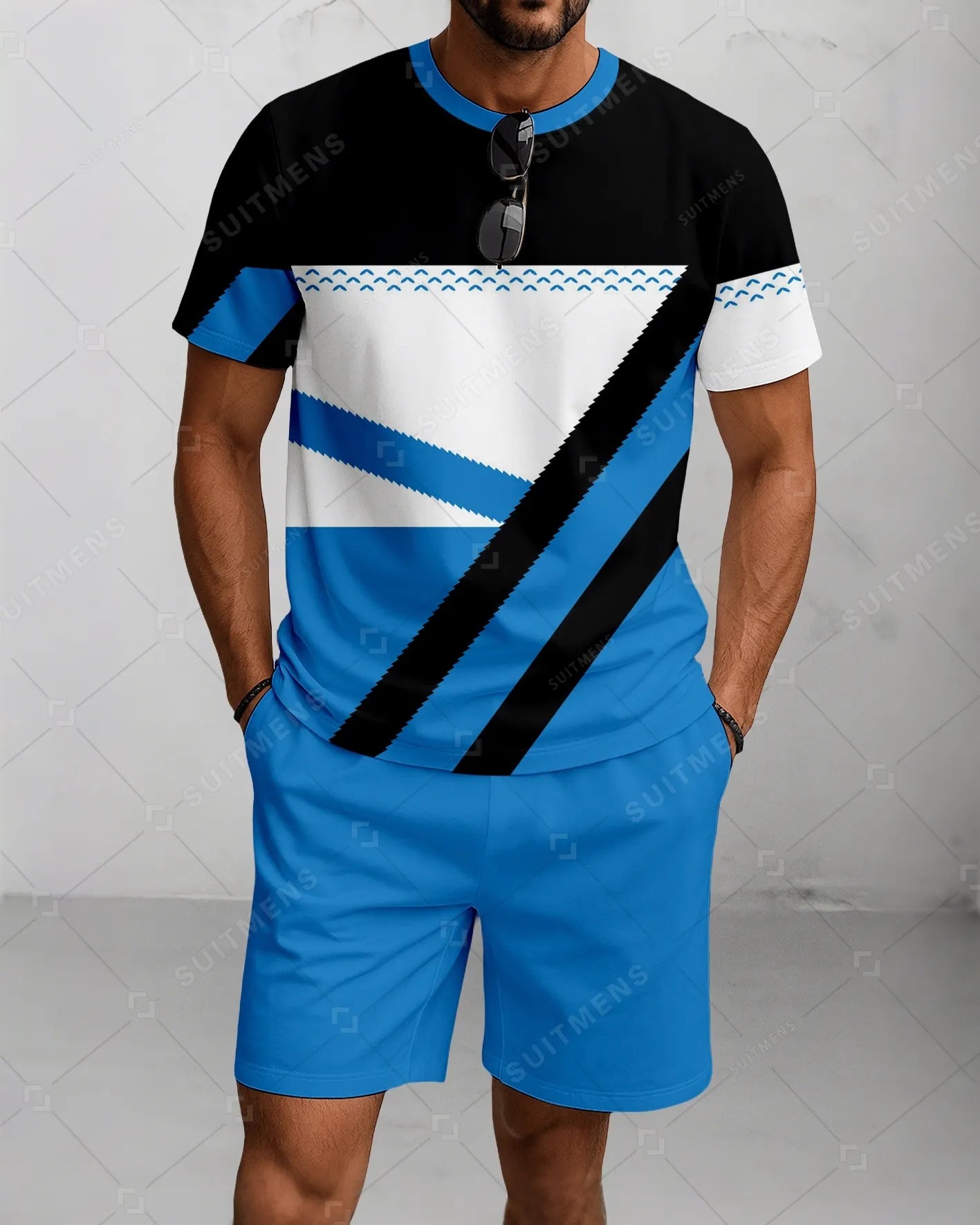 Men's Summer Colorblock Printed Round Neck Suit 053