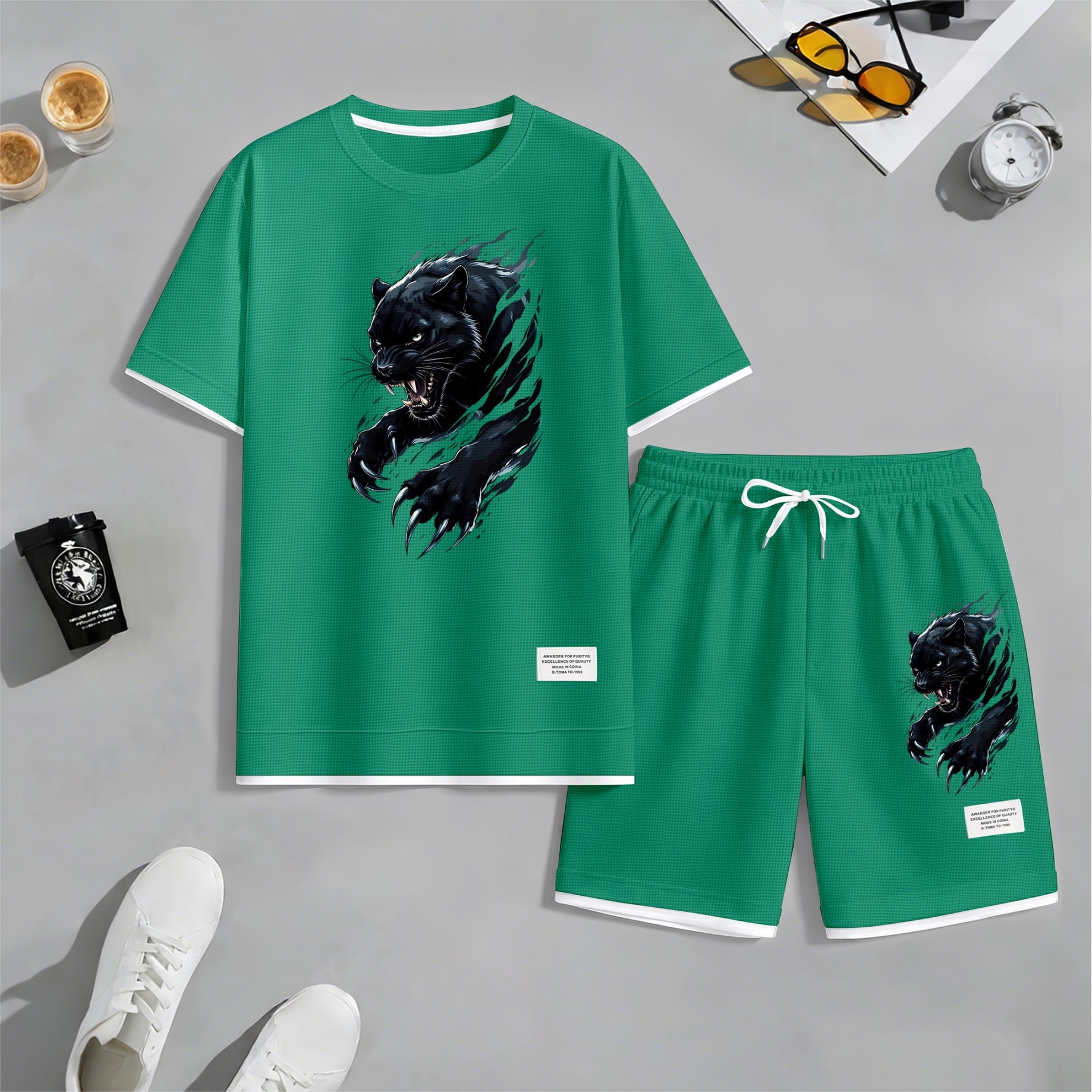Men's Black Panther Graphic Print Waffle Short Sleeve T-Shirt & Shorts Set, Summer Lightweight Sporty Casual Two-Piece Outfit, Streetwear for Gym & Daily Wear