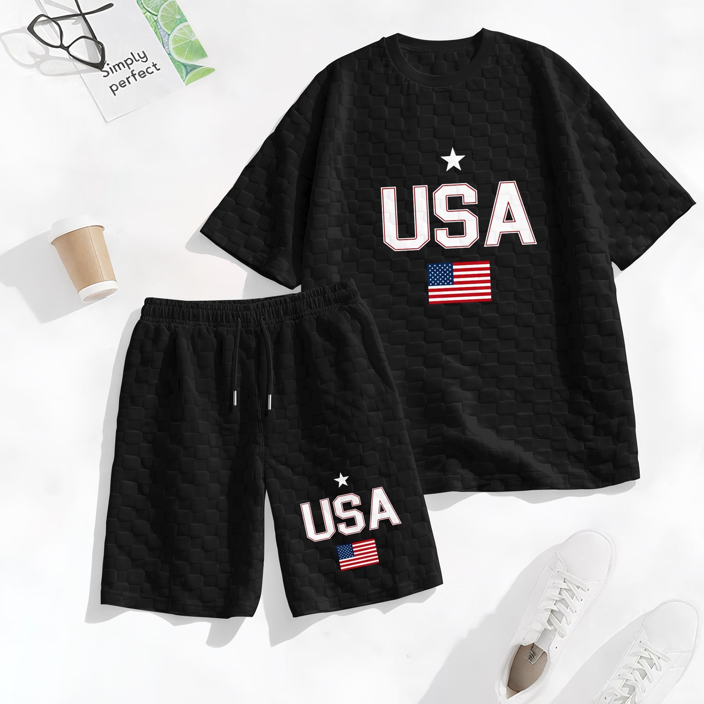 Men's Spring and Summer USA Letter Print with Flag Checkered Fabric Drawstring Shorts Set, Casual Summer Outfit with Short-Sleeved Shirt and Shorts, Ideal for Everyday Wear and Sports Activities