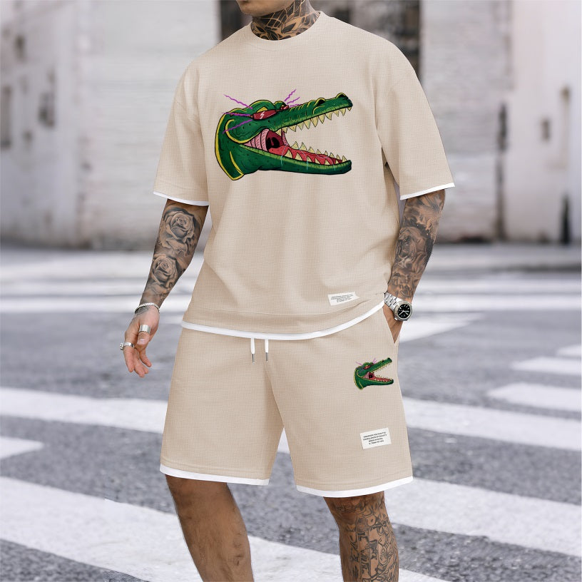 Men's Cartoon Crocodile Head Print Waffle Fabric Short-Sleeved Shirt And Shorts Set