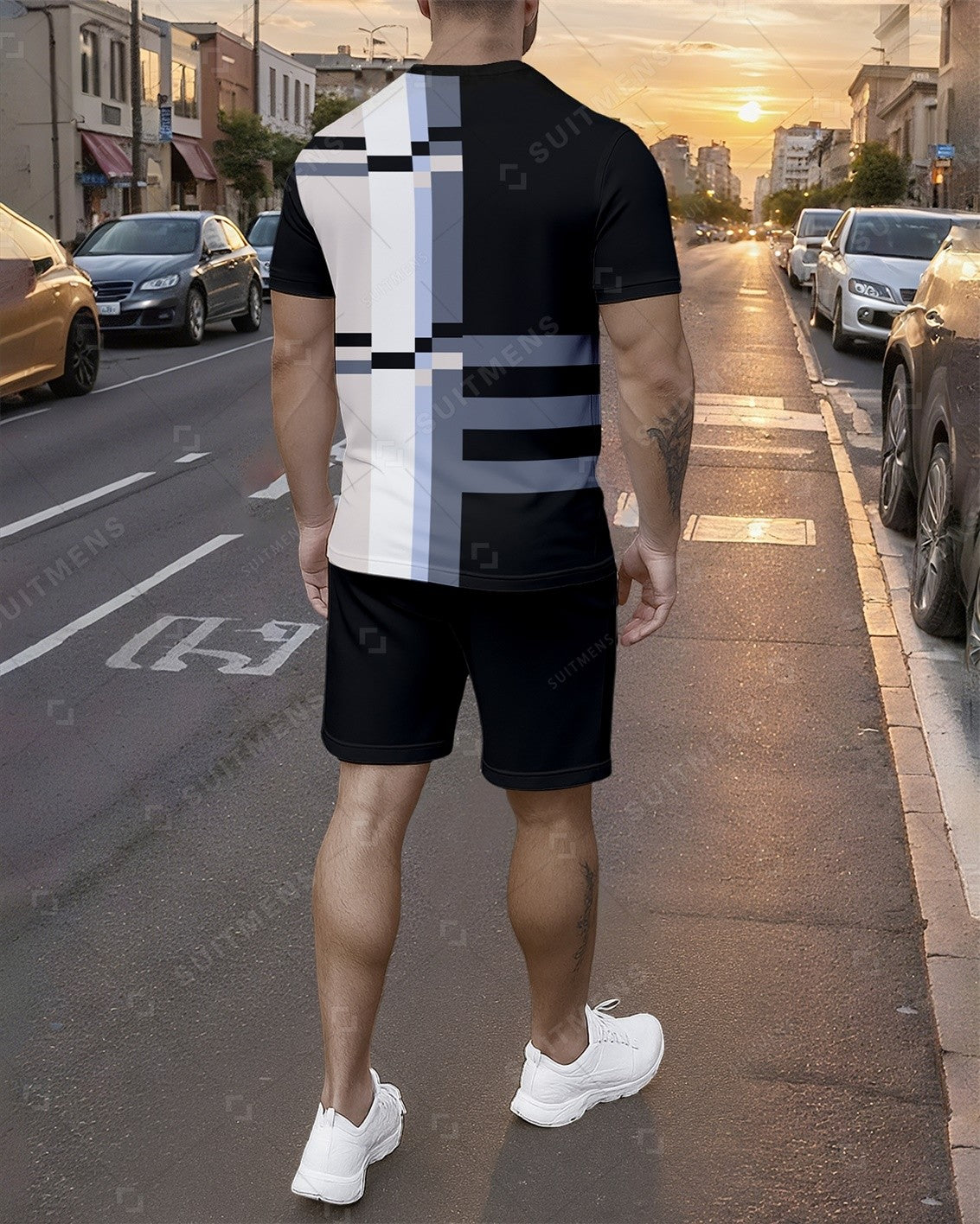 Men's Summer Colorblock Printed Round Neck Set 752