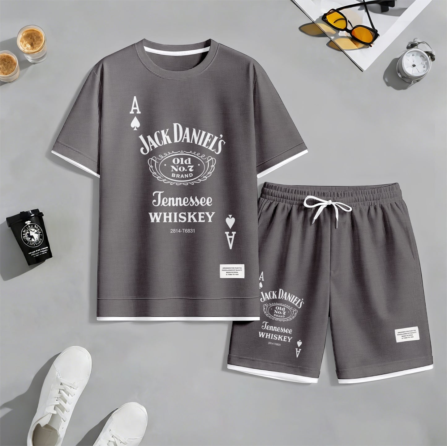Men's Beer And Beverage Printed Drawstring Shorts Set, Suitable For Spring And Summer Wear, Casual Summer Set, Including Short-Sleeved Shirt And Shorts, Suitable For Everyday Wear And Sports 013