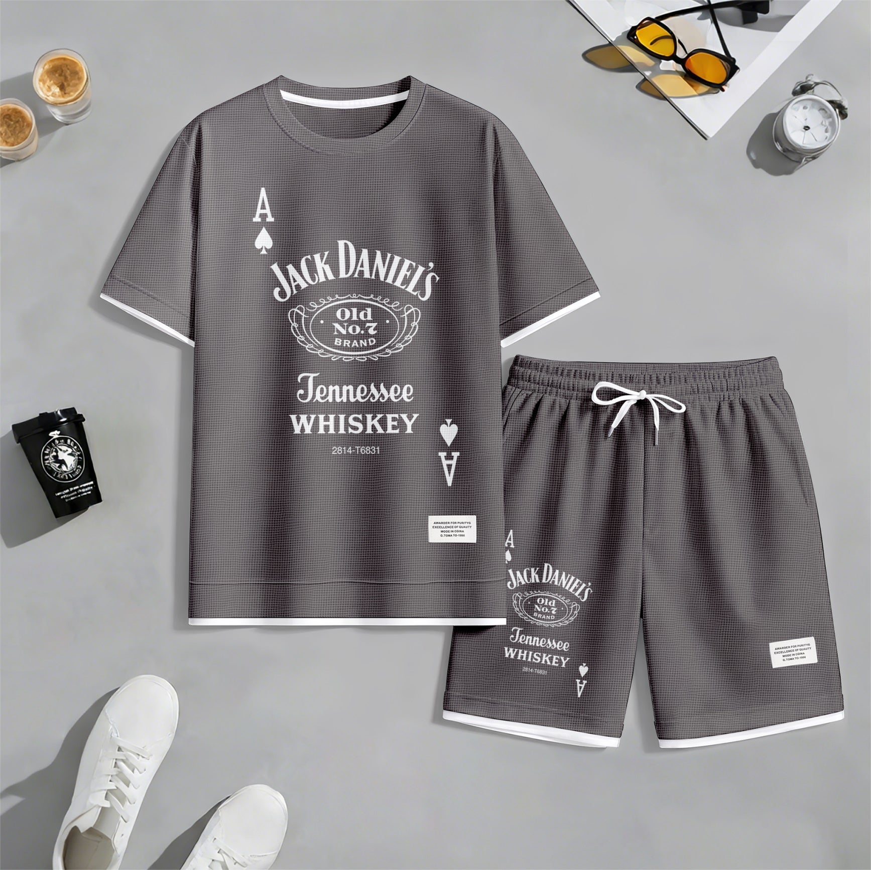 Men's Beer And Beverage Printed Drawstring Shorts Set, Suitable For Spring And Summer Wear, Casual Summer Set, Including Short-Sleeved Shirt And Shorts, Suitable For Everyday Wear And Sports 013