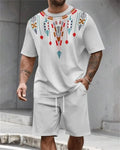 Men's Summer Retro Printed Round Neck Set 823