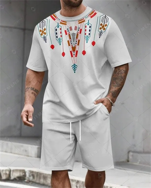 Men's Summer Retro Printed Round Neck Set 823