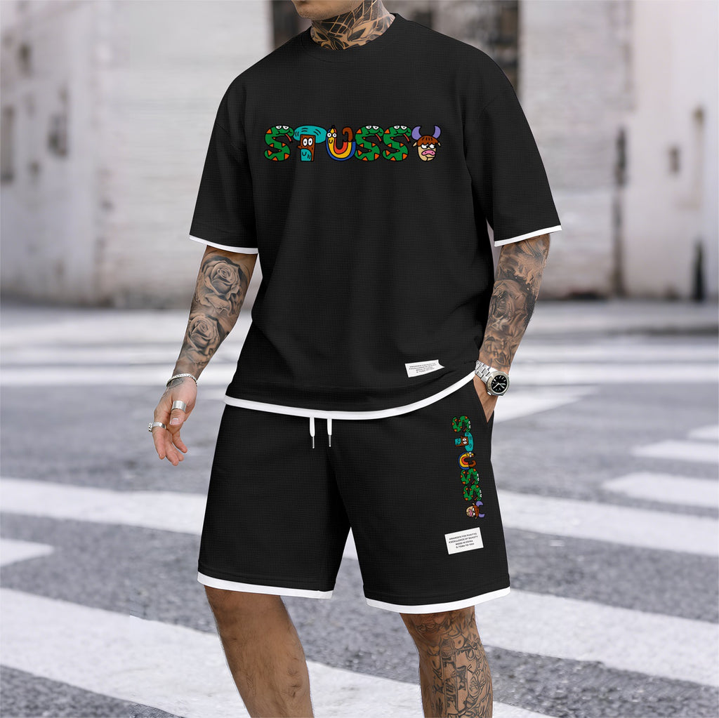 Men's Y2K Cartoon Print Waffle Fabric Short-Sleeved Shirt And Shorts Set
