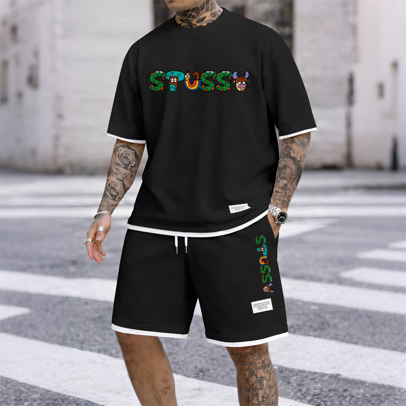 Men's Y2K Cartoon Print Waffle Fabric Short-Sleeved Shirt And Shorts Set