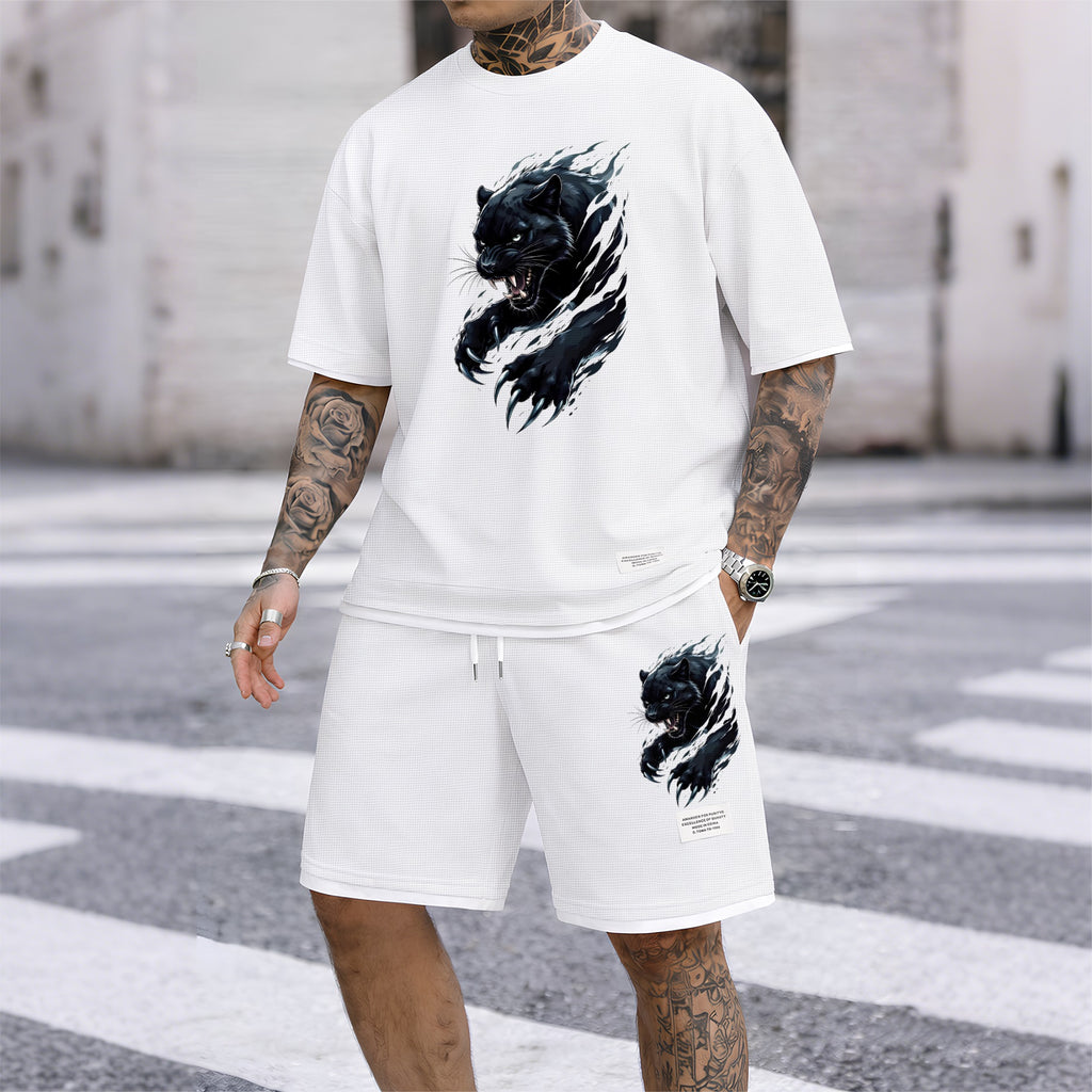 Men's Black Panther Graphic Print Waffle Short Sleeve T-Shirt & Shorts Set, Summer Lightweight Sporty Casual Two-Piece Outfit, Streetwear for Gym & Daily Wear
