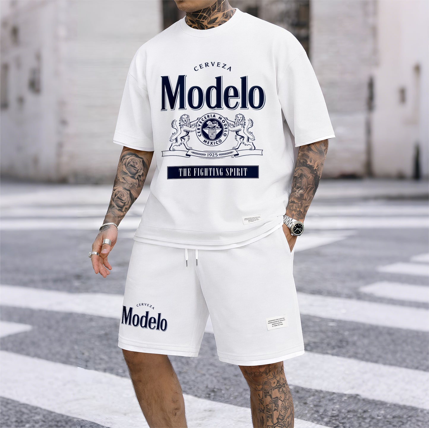 Men's Beer Print Drawstring Shorts Set, Suitable For Spring And Summer Wear, Casual Summer Set, Including Short-Sleeved Shirt And Shorts, Suitable For Everyday Wear And Sports 02