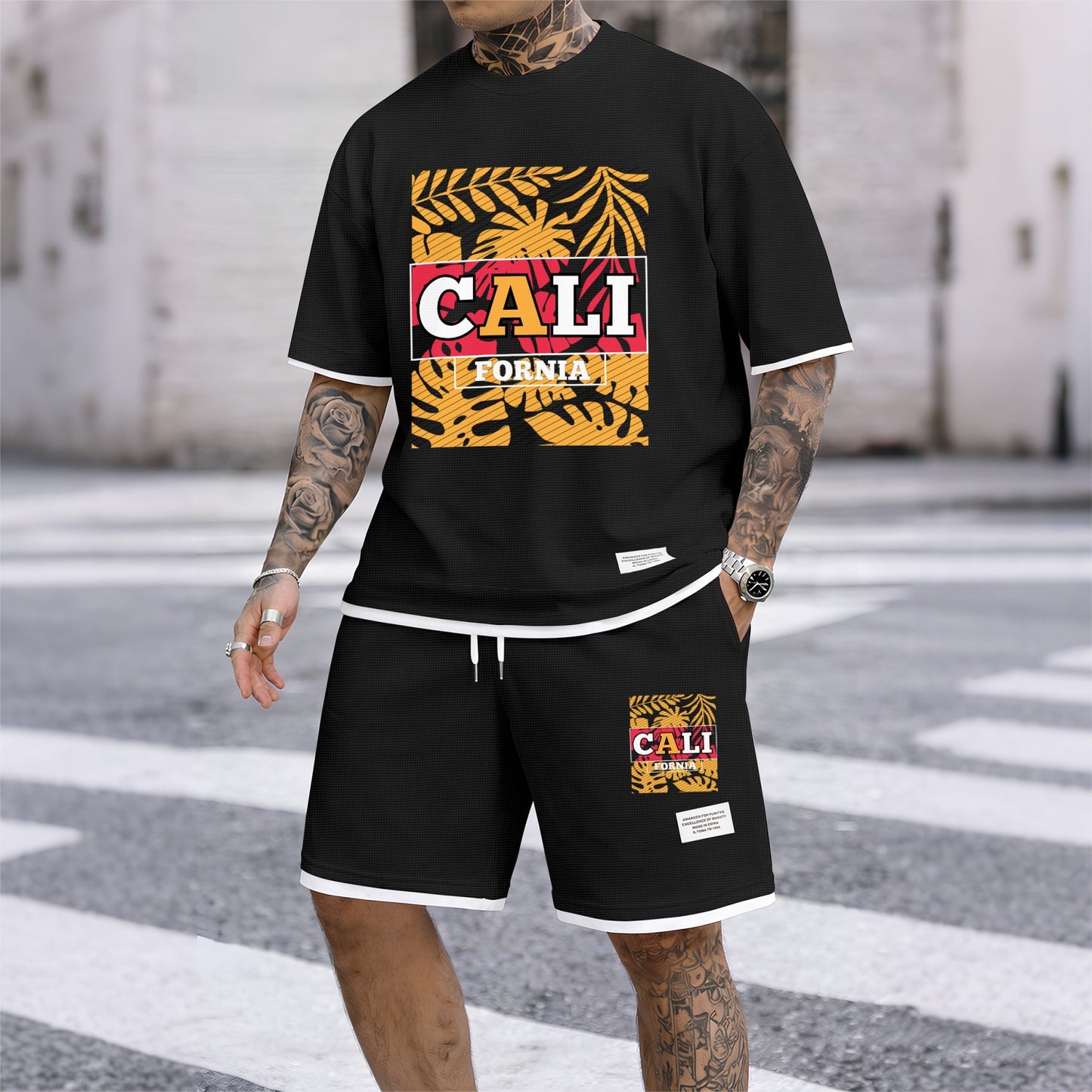 Men's Tropical Rainforest Graphic Print Short Sleeve Shirt and Drawstring Shorts Set, Casual Summer Two-Piece Outfit, Lightweight Breathable Relaxed Fit Sportswear for Daily Wear, Beach, Vacation, Travel Loungewear
