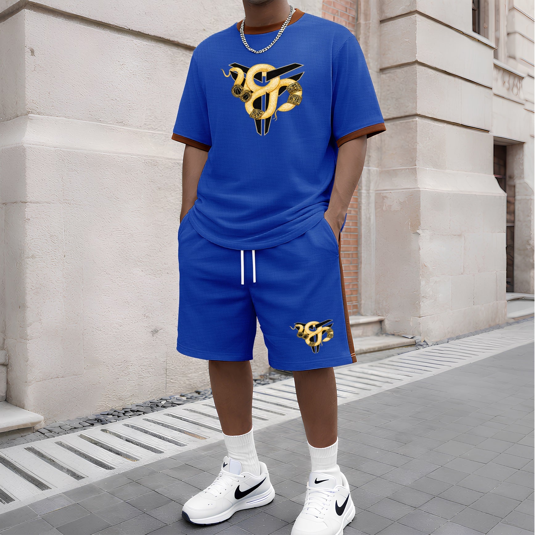 Men's Patterned Short-Sleeved T-Shirt And Drawstring Shorts Set, Men's Clothing, Casual Sports Short-Sleeved Top And Shorts, Men's Summer Everyday Wear, Indoor And Outdoor Sportswear, Sports Set.