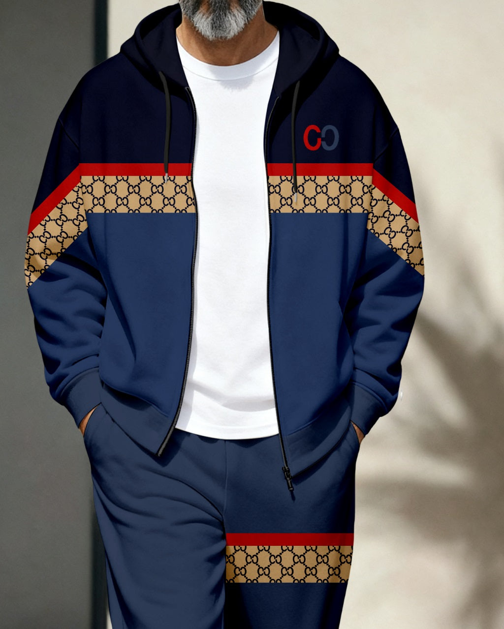 Men's Retro Luxury Thickened Fleece Colorblock Jacket Sports Hoodie Set 09