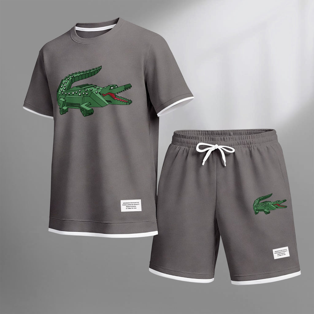 Men's Mechanical Crocodile Print Waffle Fabric Short-Sleeved Shirt And Shorts Set