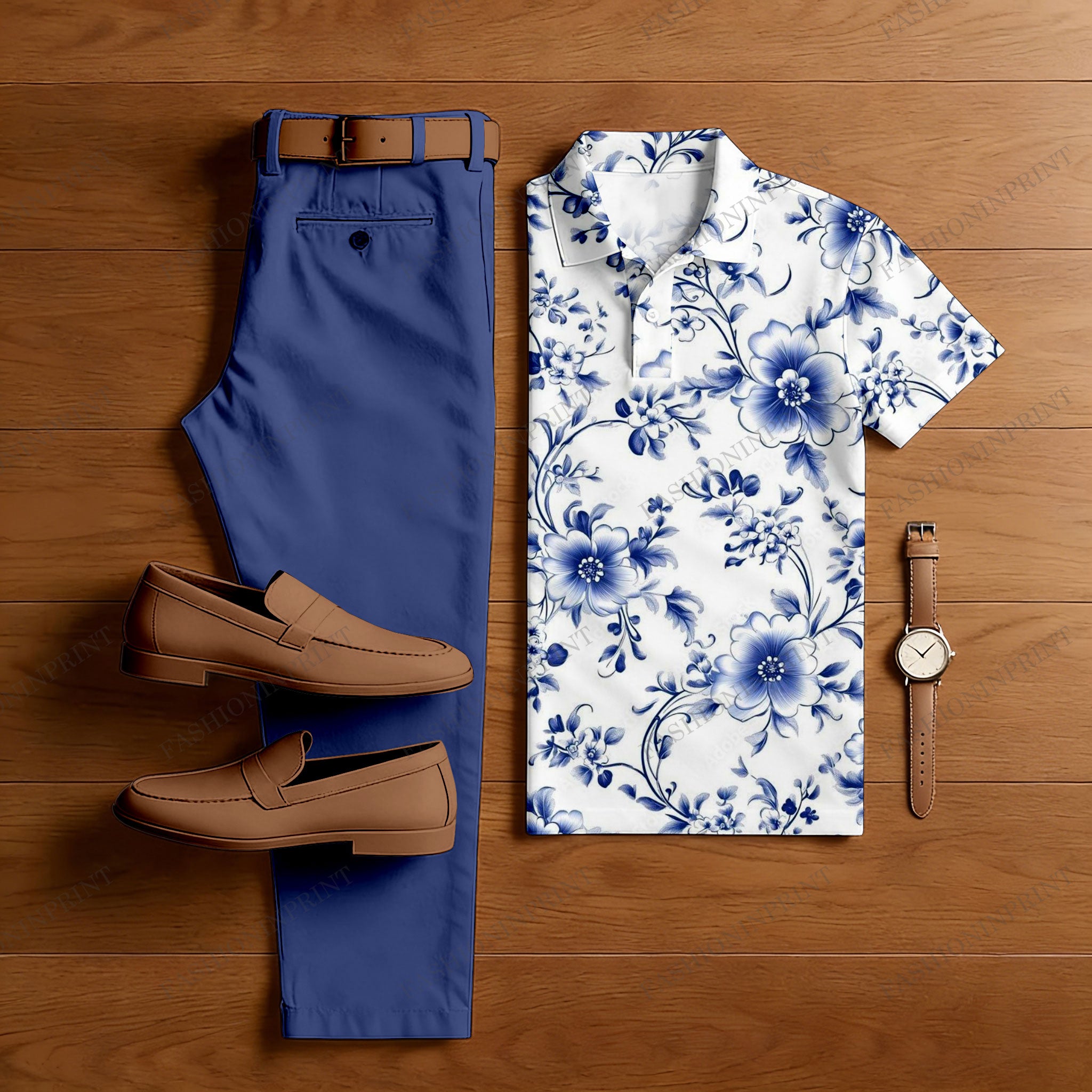Men's Casual Dark Blue Rose Printed Polo Shirt And Pants Two-Piece Set