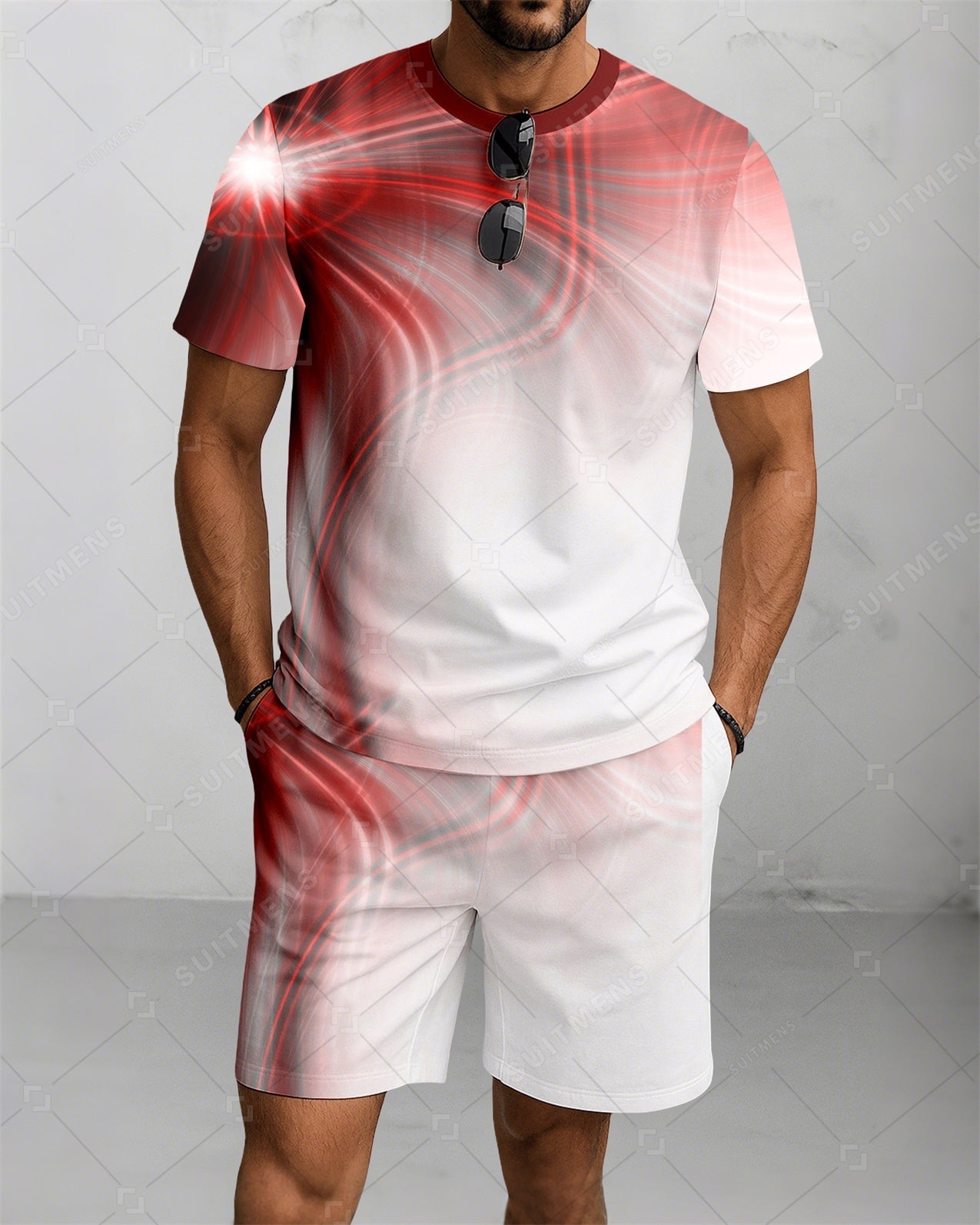 Men's Summer Colorblock Printed Round Neck Suit 082