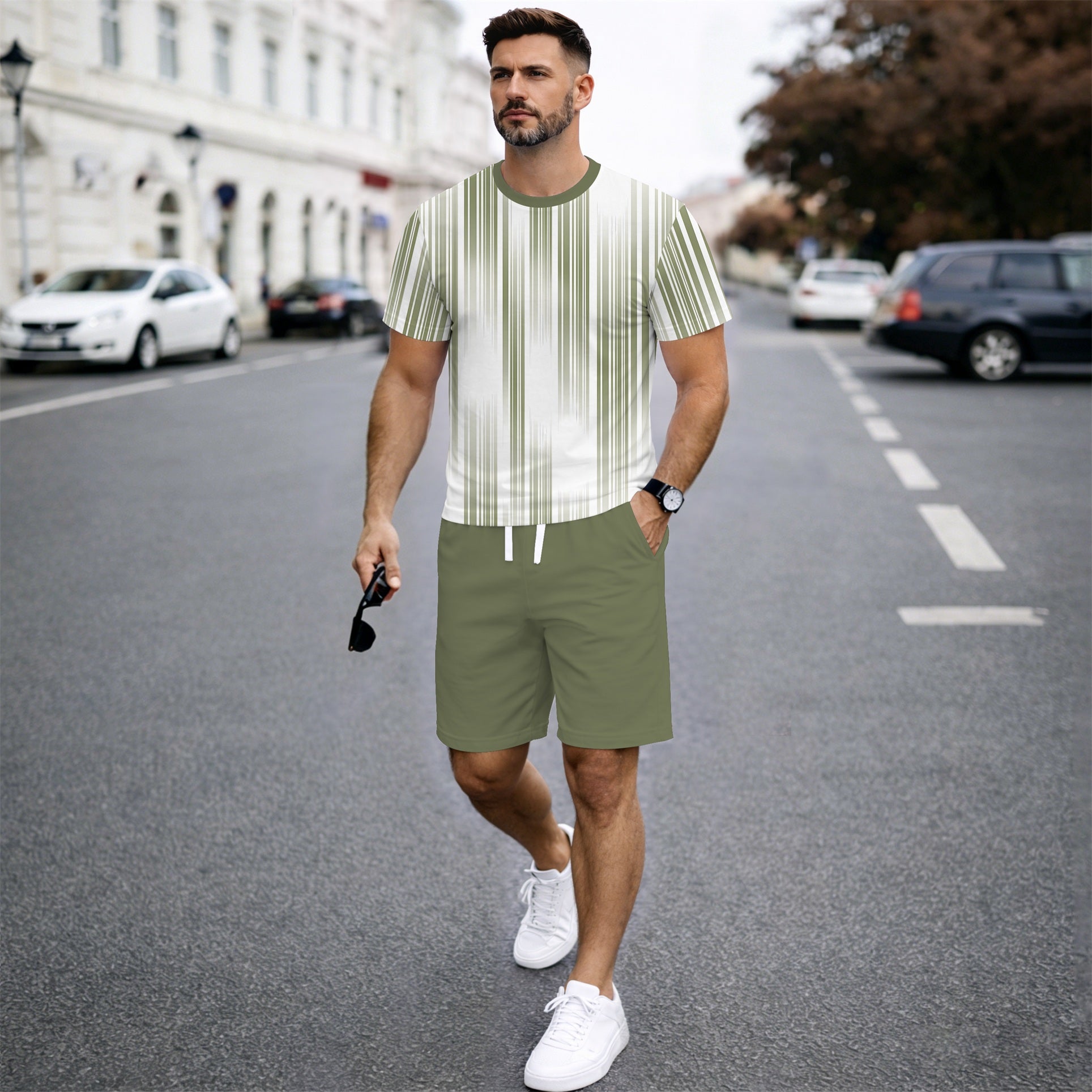 Men’s Summer 2 Piece Set, Vertical Stripe Print Short Sleeve T Shirt and Drawstring Shorts Matching Outfit, Lightweight Breathable Casual Set for Beach, Vacation, Gym, Travel, Running, and Daily Wear