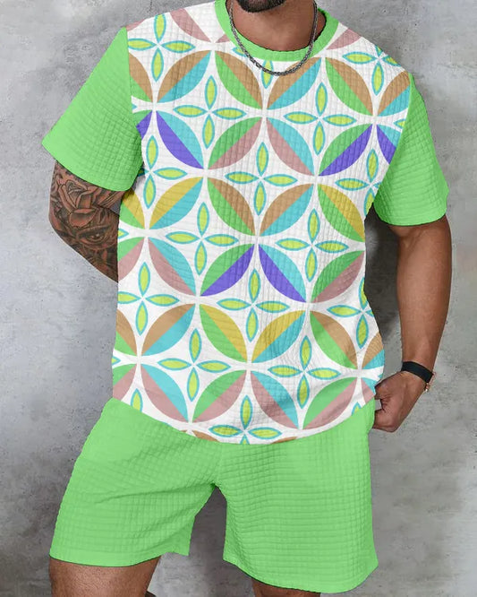 Men's textured waffle texture printed shorts Set 014