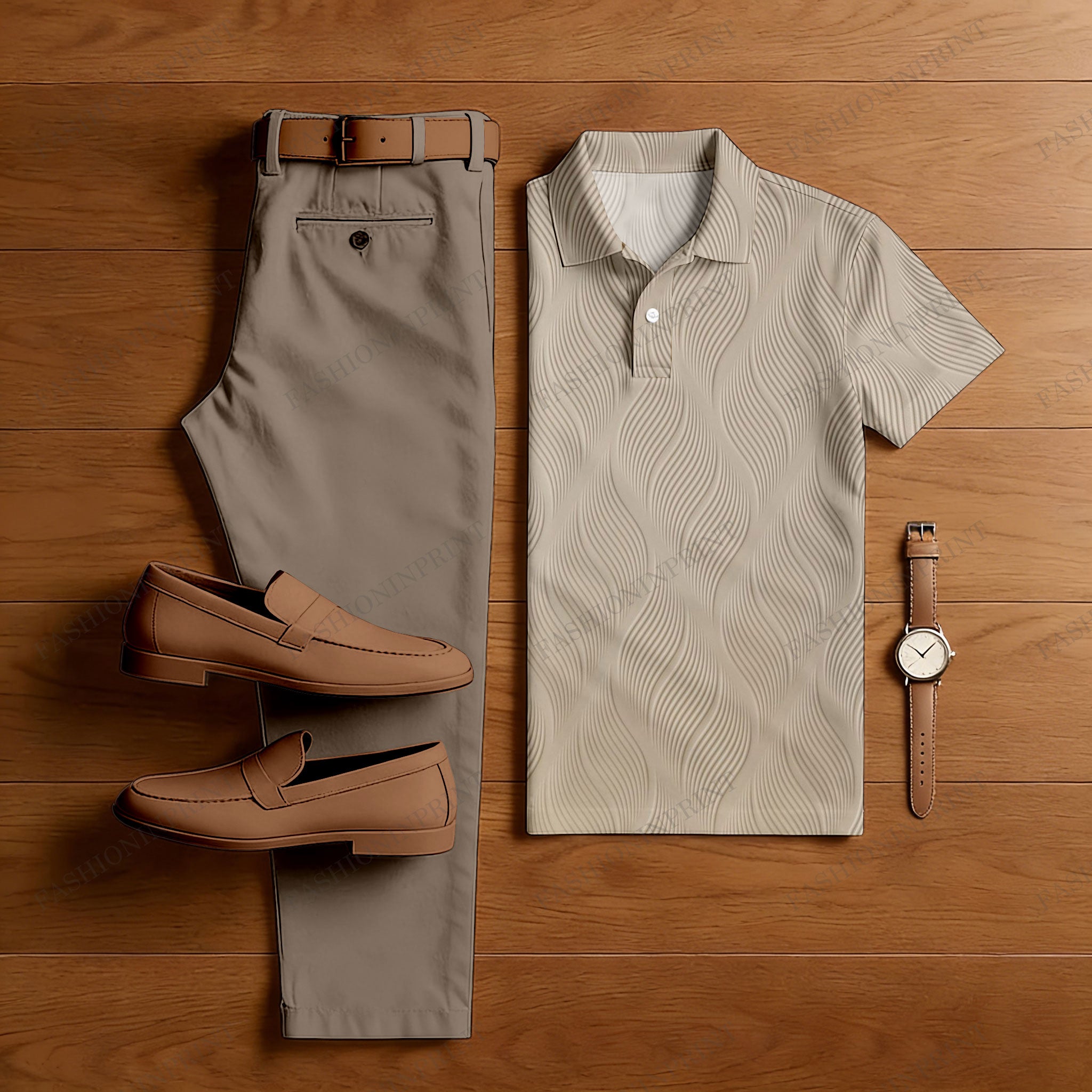 Men's Casual Brown Color Matching Printed Short Sleeved Polo Shirt & Trousers Two-Piece Set