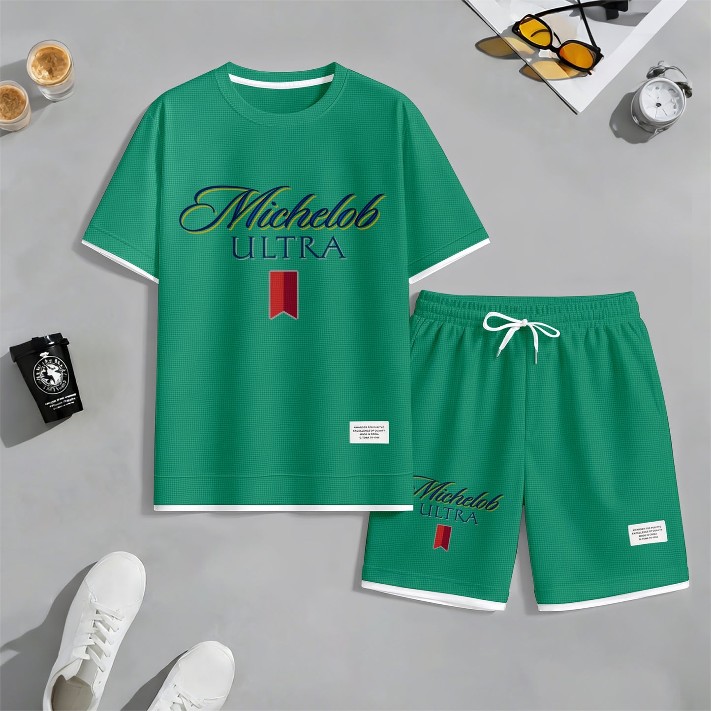 Men's Beer And Beverage Printed Drawstring Shorts Set, Suitable For Spring And Summer Wear, Casual Summer Set, Including Short-Sleeved Shirt And Shorts, Suitable For Everyday Wear And Sports 09