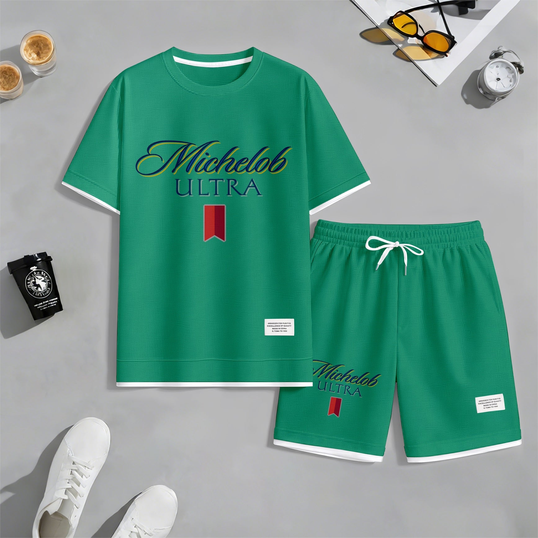 Men's Beer And Beverage Printed Drawstring Shorts Set, Suitable For Spring And Summer Wear, Casual Summer Set, Including Short-Sleeved Shirt And Shorts, Suitable For Everyday Wear And Sports 09