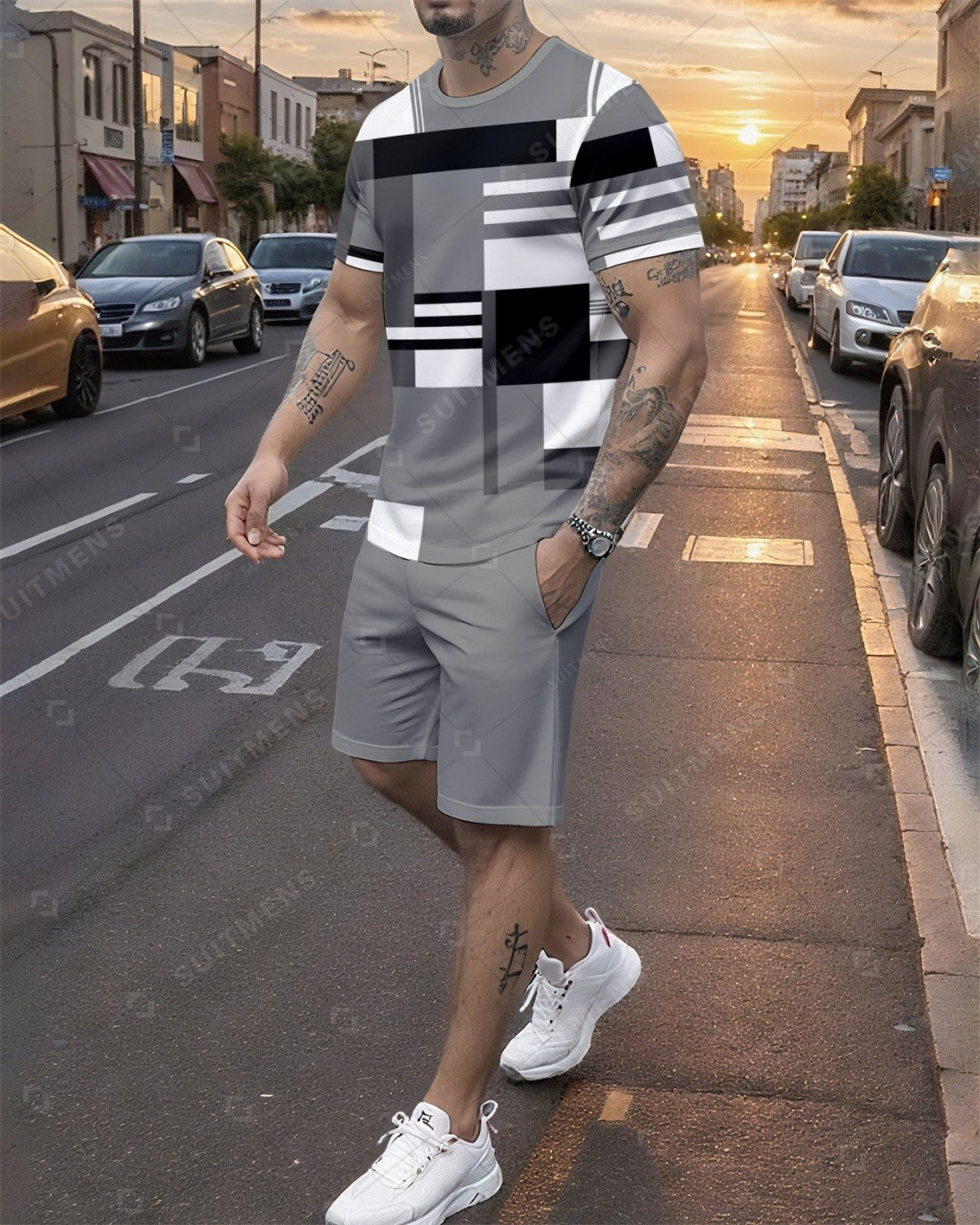 Men's Summer Colorblock Printed Round Neck Set 754