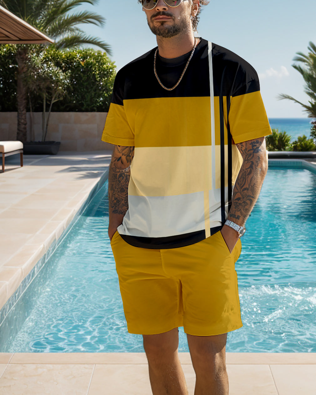 Men's color block printed shorts set 464