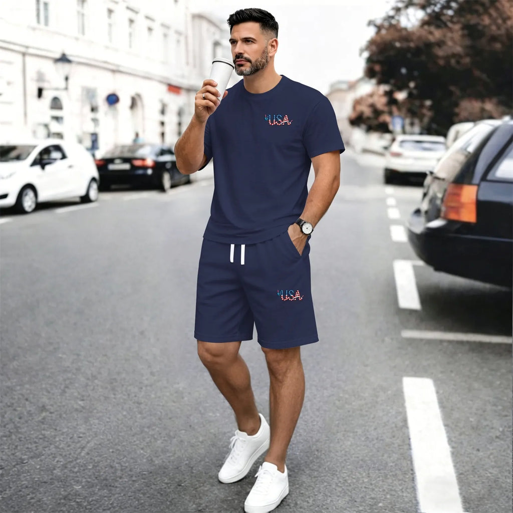 Men’s Summer 2 Piece Set, USA Letter Print Short Sleeve T Shirt and Drawstring Shorts Matching Outfit, Lightweight Breathable Casual Set for Beach, Vacation, Gym, Travel, Running, and Daily Wear