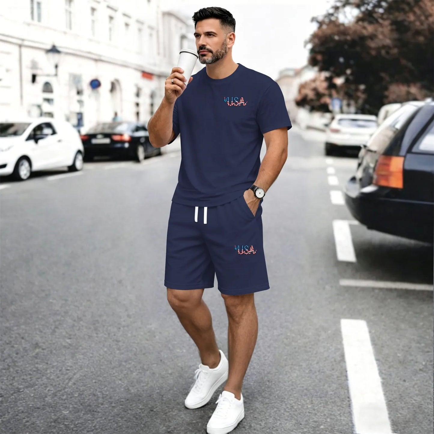 Men’s Summer 2 Piece Set, USA Letter Print Short Sleeve T Shirt and Drawstring Shorts Matching Outfit, Lightweight Breathable Casual Set for Beach, Vacation, Gym, Travel, Running, and Daily Wear