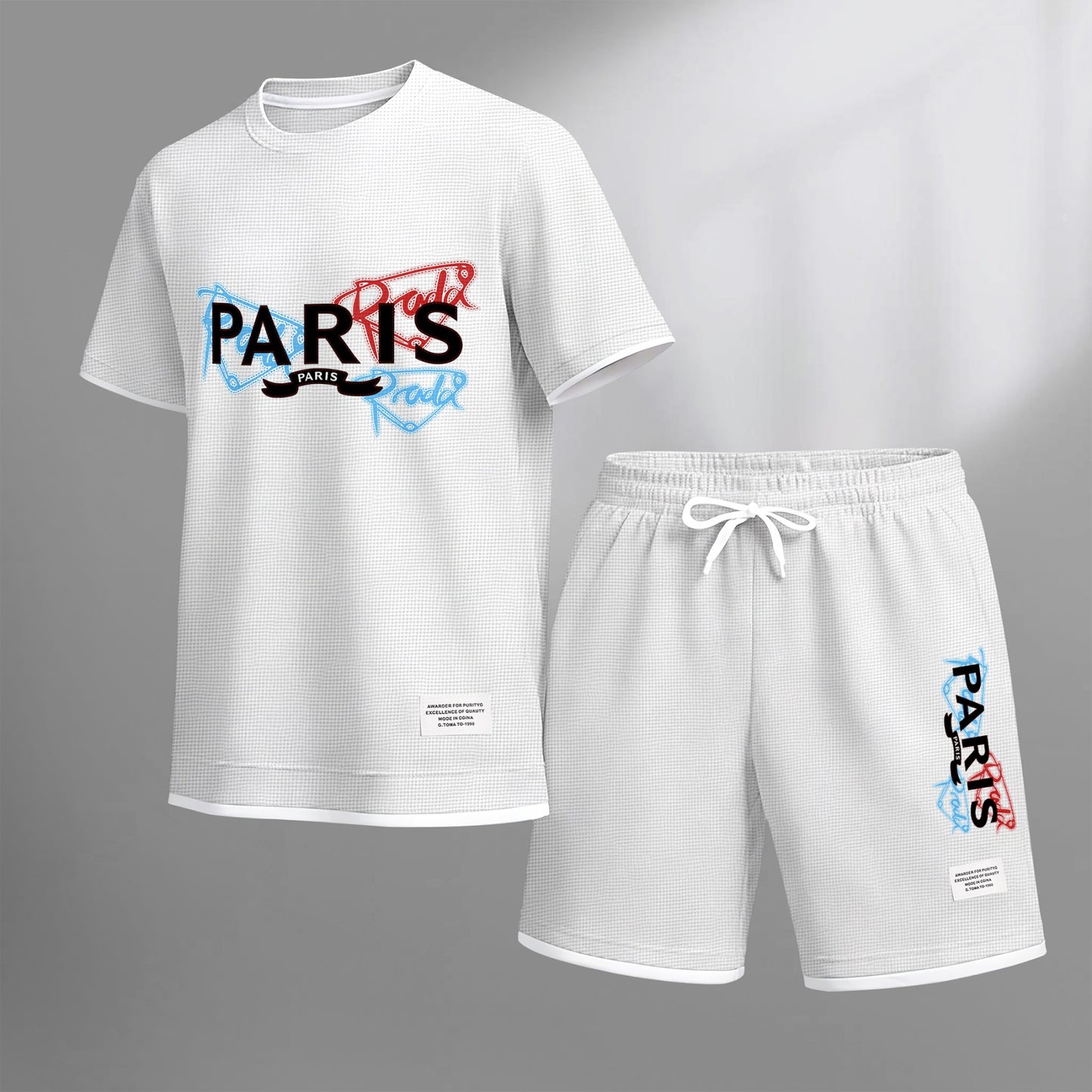 Men's PARIS Red & Blue Graffiti Letter Print Short Sleeve T-Shirt & Shorts Set, Summer Lightweight Waffle Sporty Casual Two-Piece Outfit, Streetwear for Gym & Daily Wear