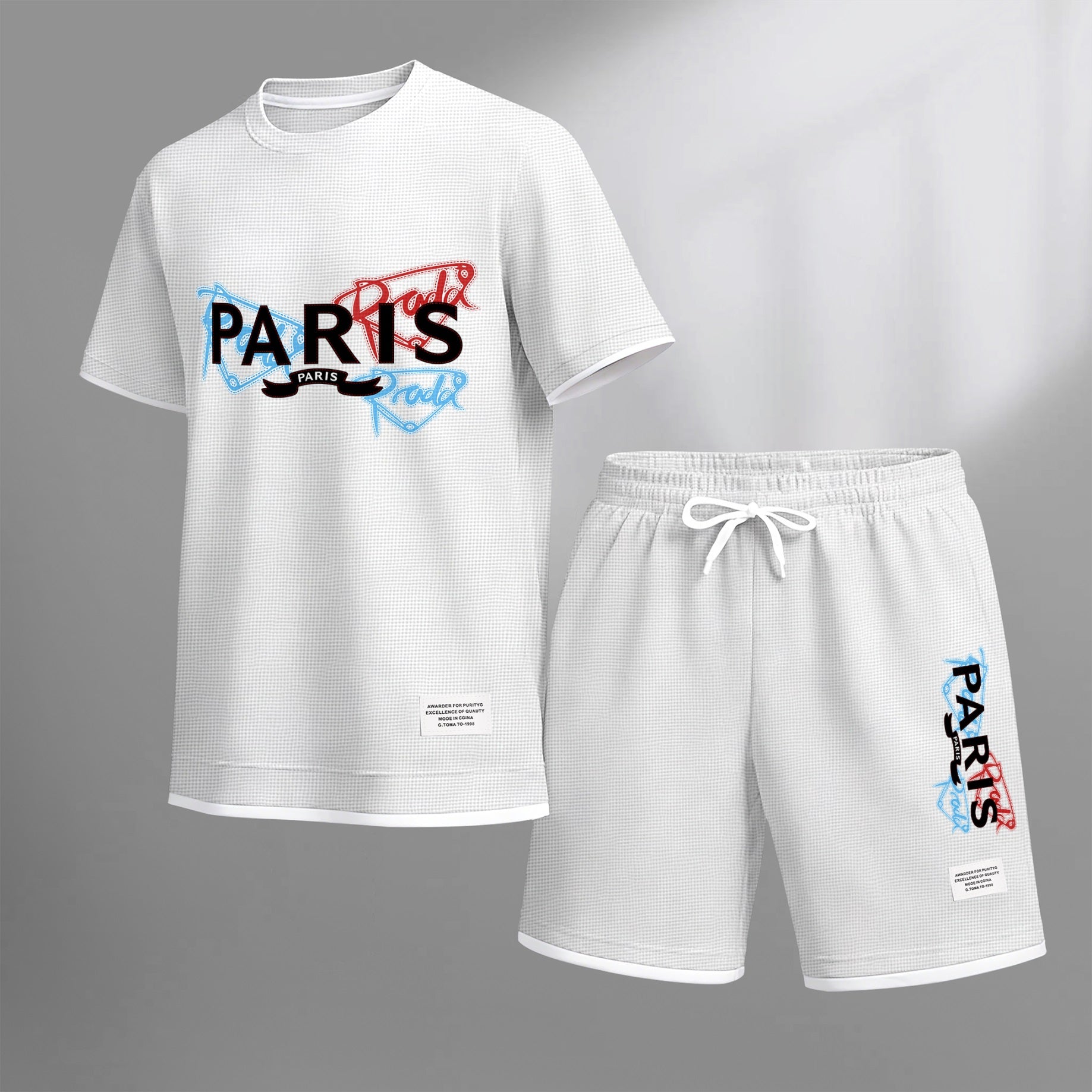 Men's PARIS Red & Blue Graffiti Letter Print Short Sleeve T-Shirt & Shorts Set, Summer Lightweight Waffle Sporty Casual Two-Piece Outfit, Streetwear for Gym & Daily Wear