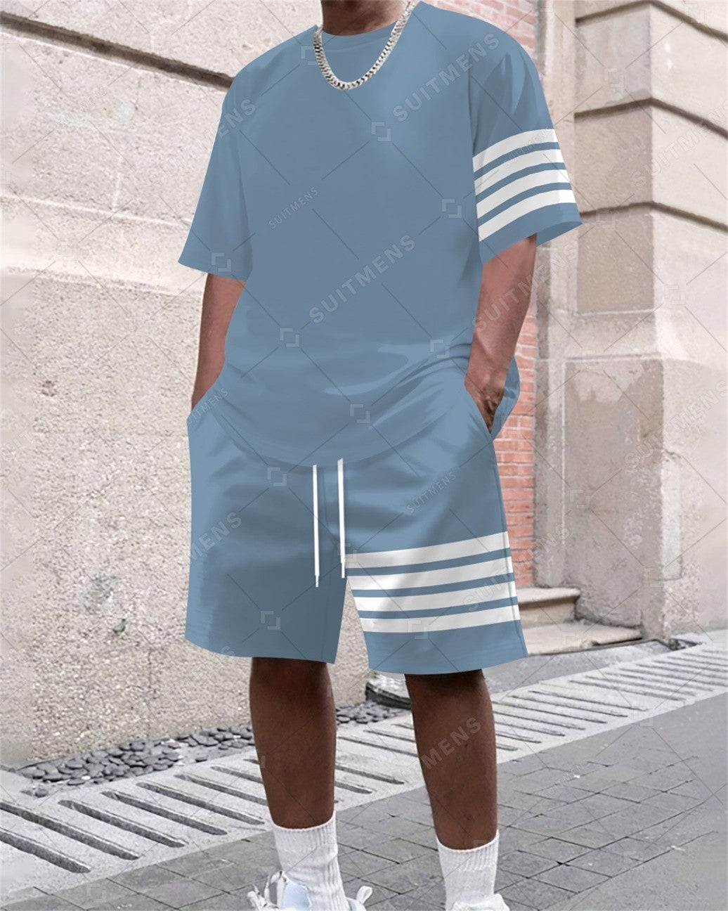 Men's Summer Simple Color Matching Print Round Neck Set 350