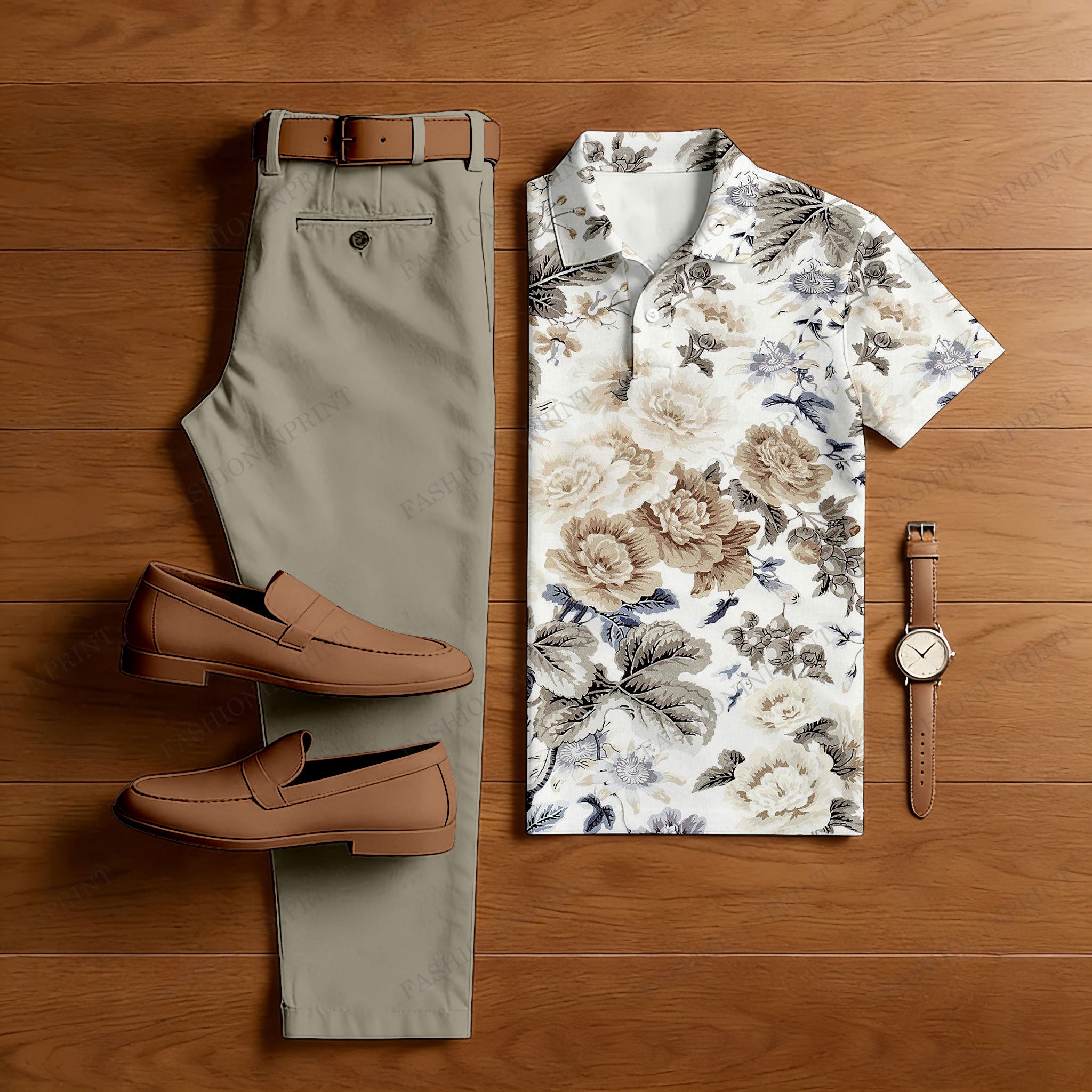 Men's Casual White Roses Printed Polo Shirt And Pants Two-Piece Set