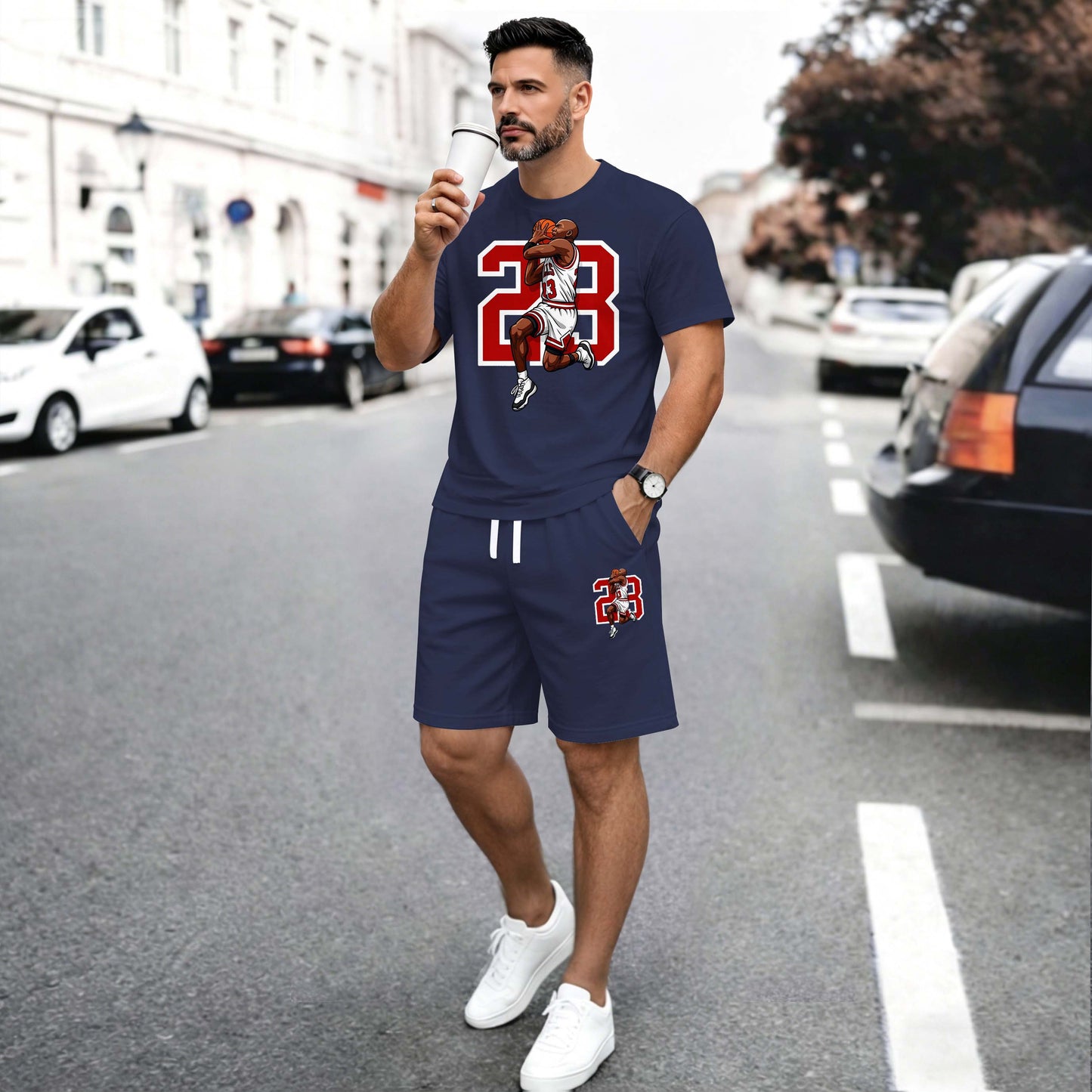 Men’s Summer 2 Piece Set, Basketball 23 Letter Print Short Sleeve T Shirt and Drawstring Shorts Matching Outfit, Lightweight Breathable Casual Set for Travel, Streetwear, Beach, Vacation, and Daily Wear