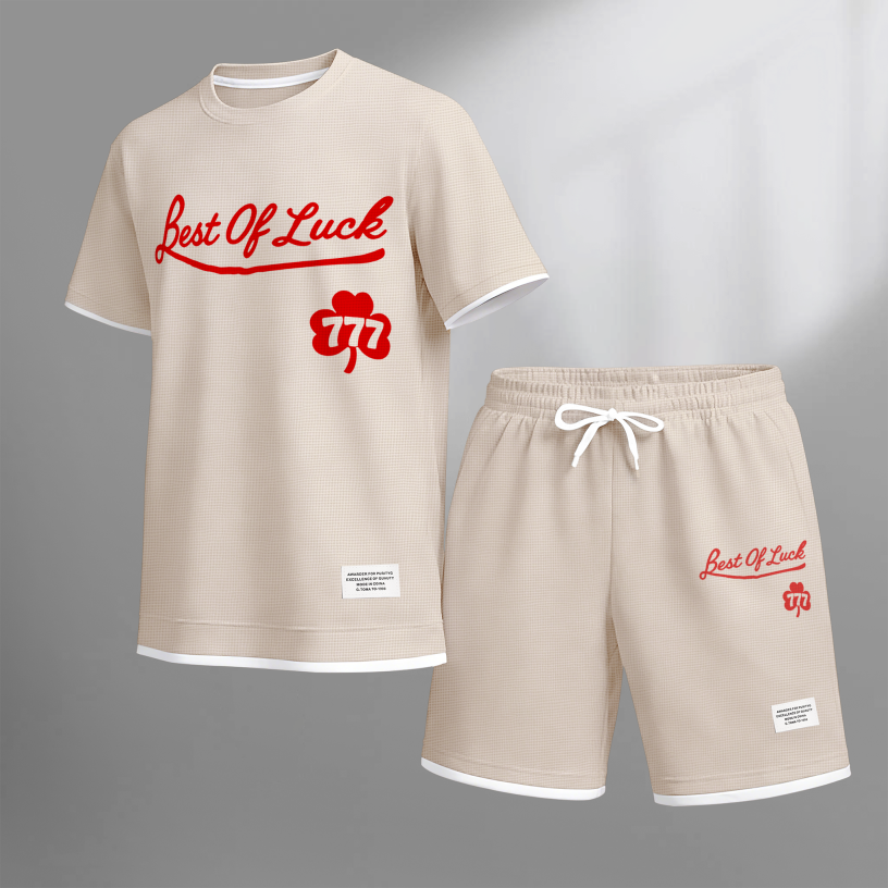 Men's Casual Style 777 Print Waffle Fabric Short-Sleeved Shirt And Shorts Set