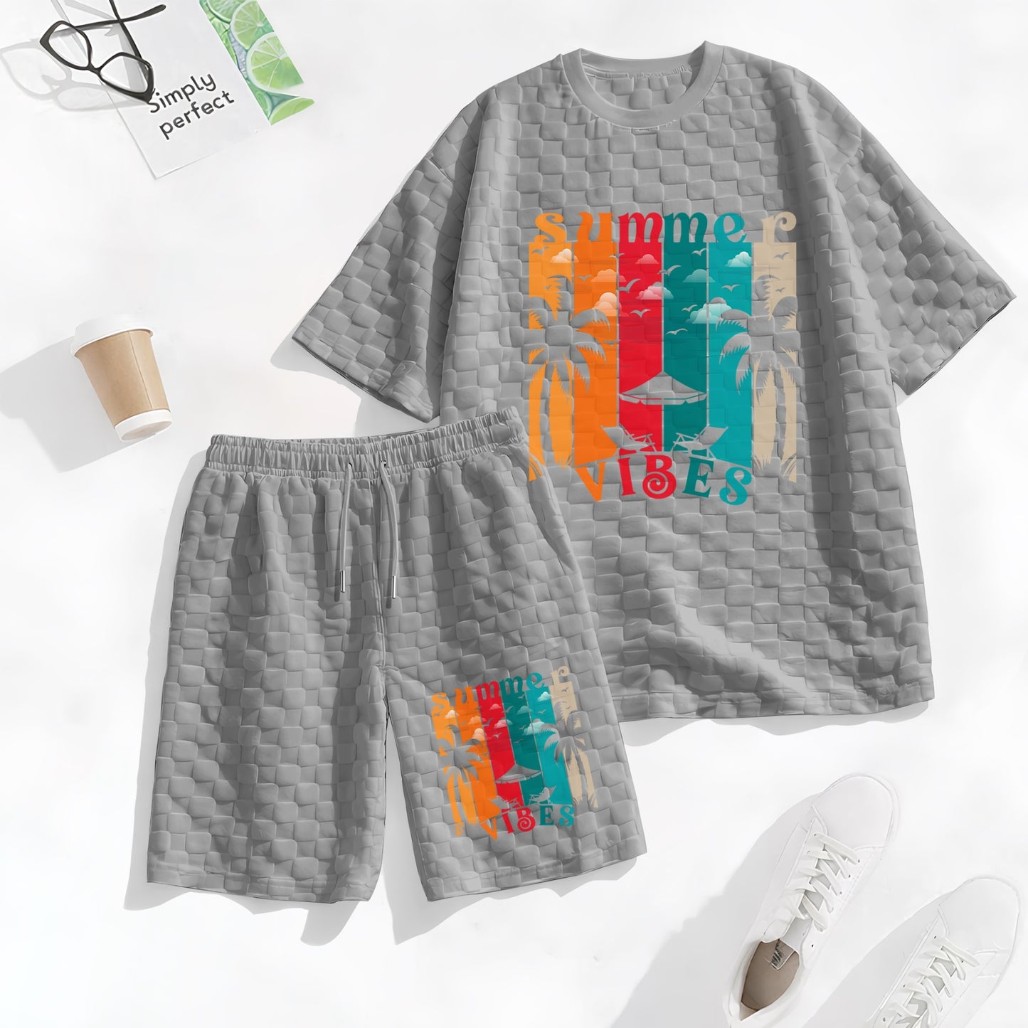Men's Hawaiian Graphic Print Spring And Summer Drawstring Shorts Set, A Casual Summer Outfit, Including A Short-Sleeved Shirt And Shorts, Suitable For Everyday Wear And Sports Activities. A Two-Piece Set For A Relaxed And Active Lifestyle.