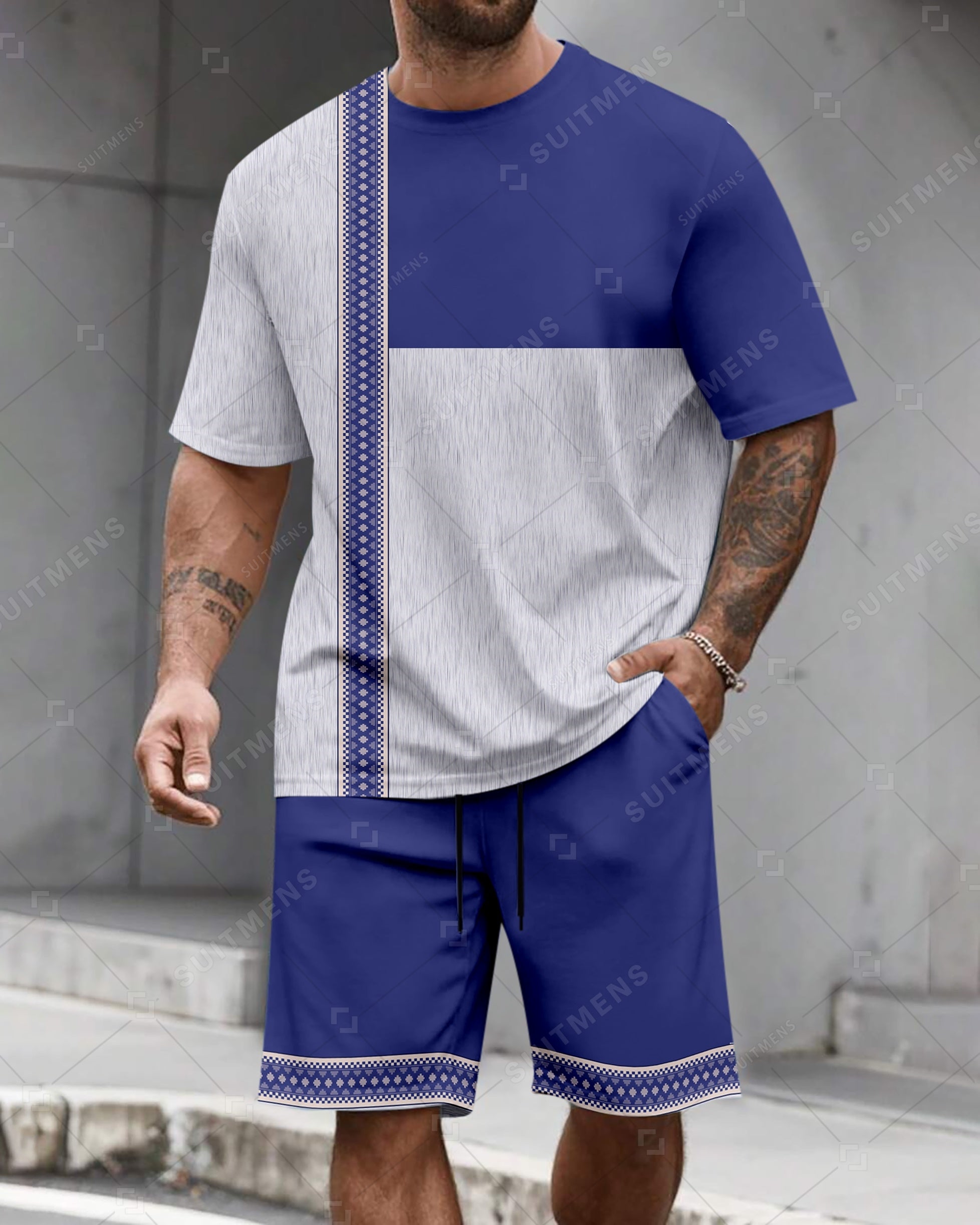 Men's Summer Colorblock Printed Round Neck Suit 01