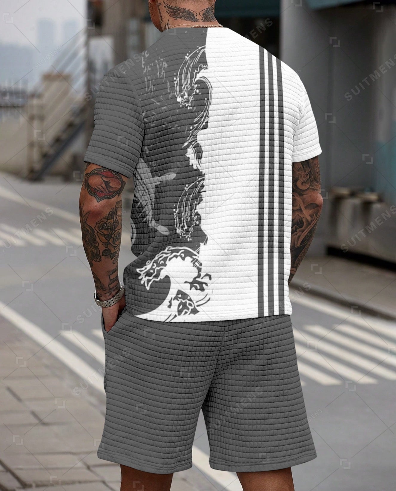 Men's Casual Waffle Textured Summer Round Neck Short Sleeve Shorts Set 001