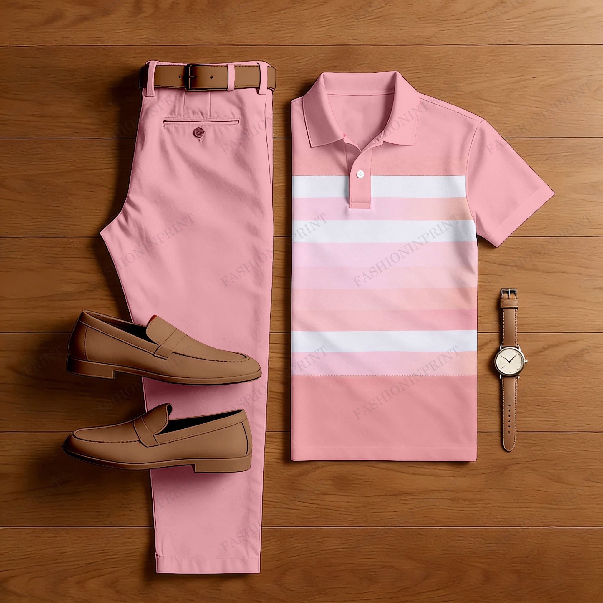 Men's Casual Pink Geometric Printed Polo Shirt And Pants Two-Piece Set