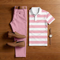 Men's Casual Pink & White Color Matching Striped Printed Short Sleeved Polo Shirt & Trousers Two-Piece Set