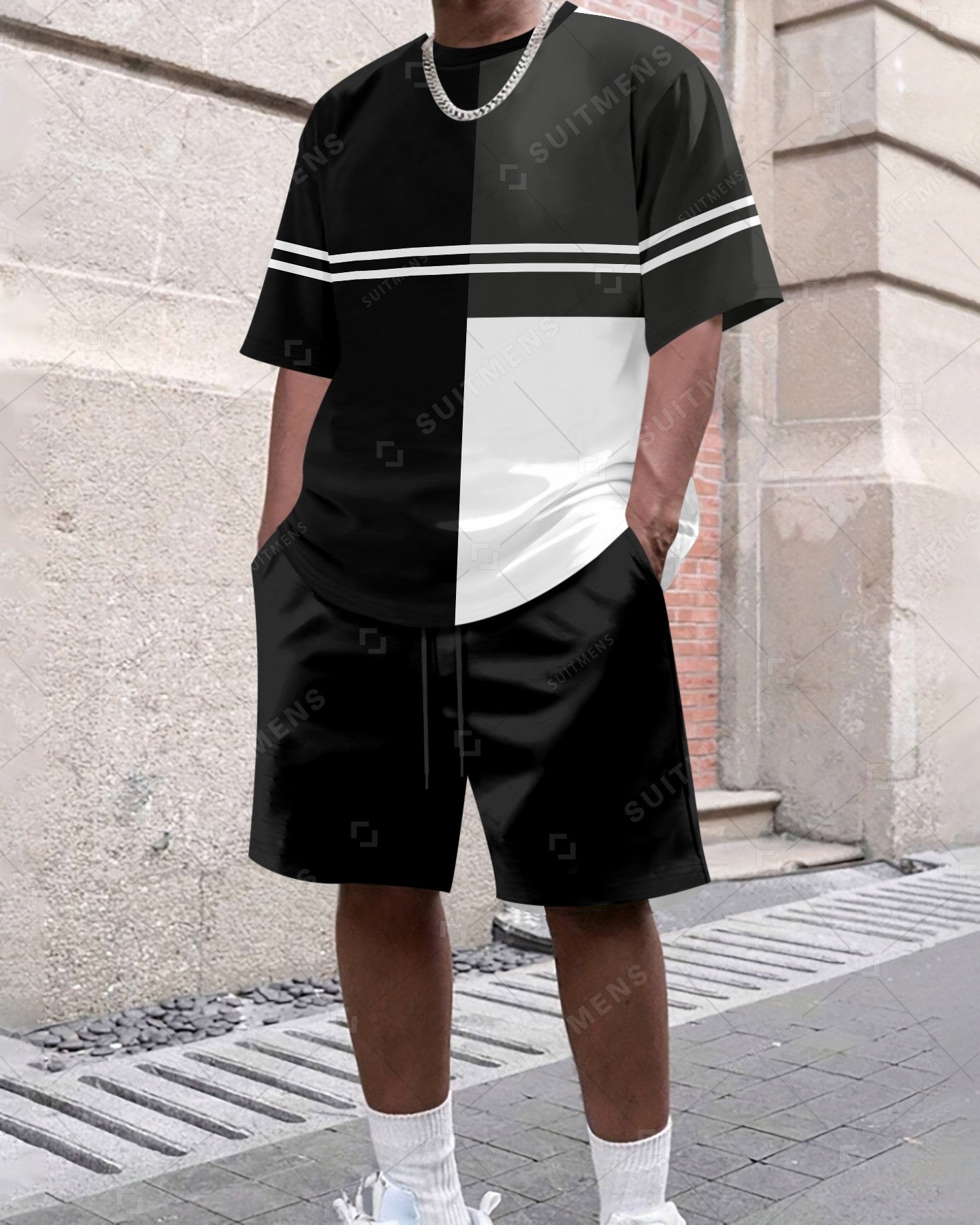 Men's Summer Colorblock Printed Round Neck Set 417