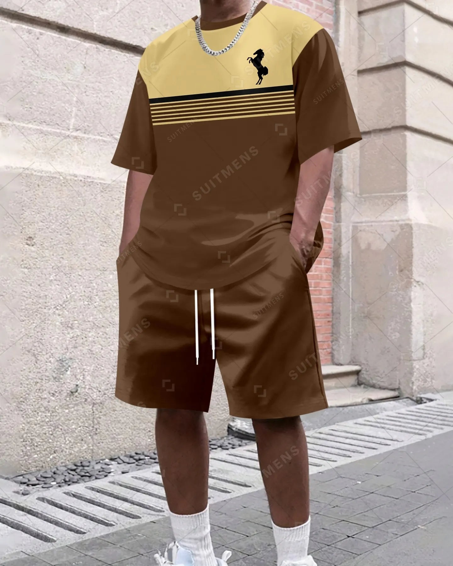 Men's Summer Colorblock Printed Round Neck Set 416