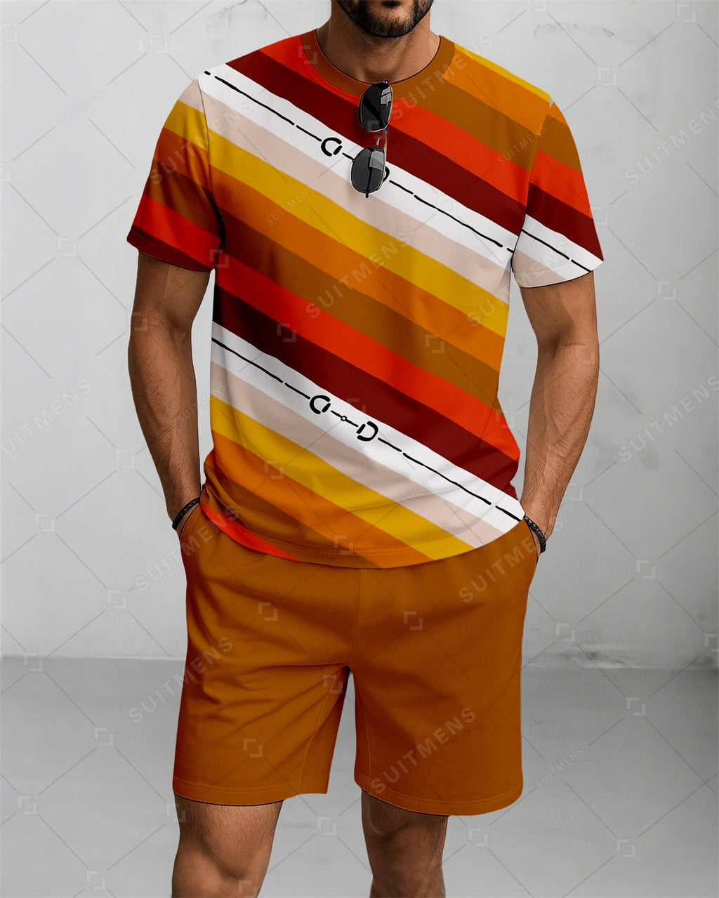 Men's Summer Colorblock Printed Round Neck Suit 088