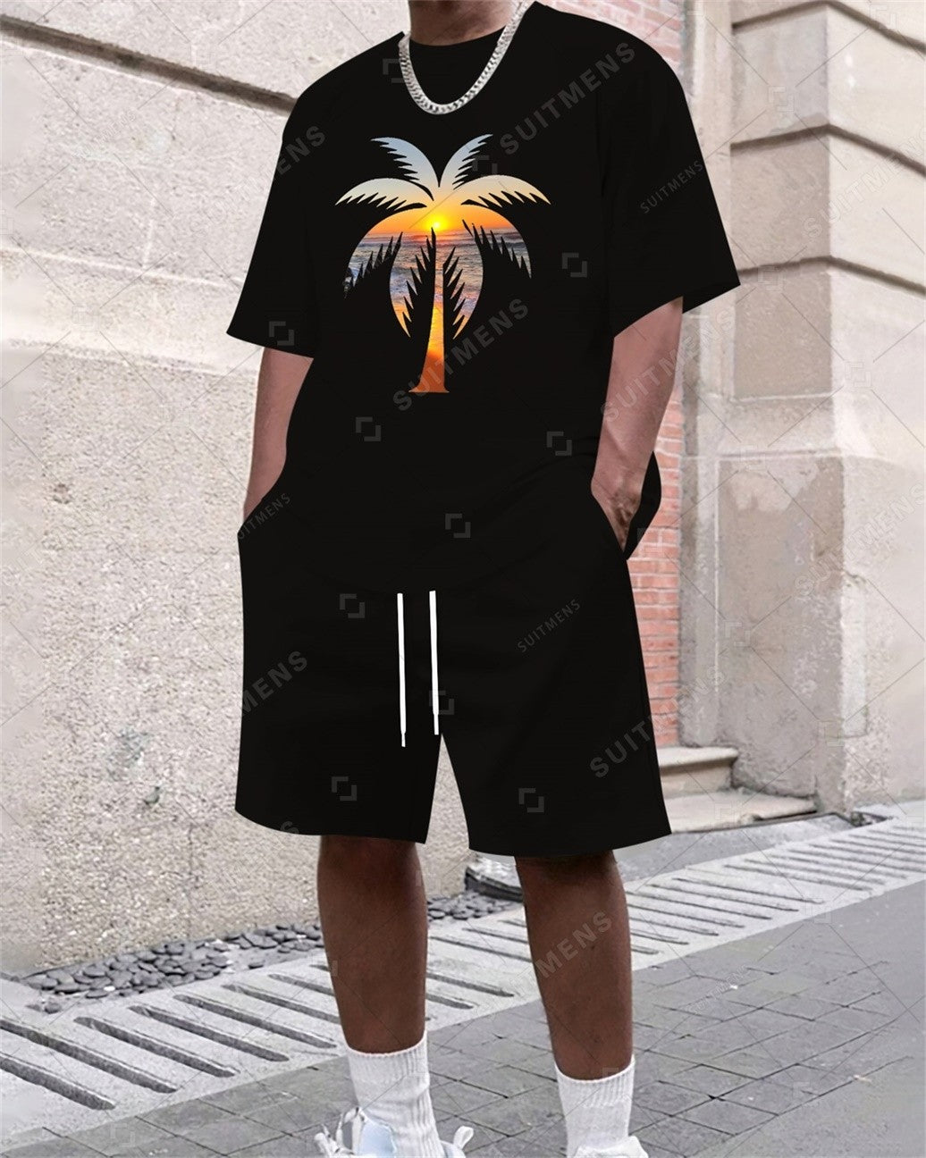 Men's Summer Coconut Tree Print Round Neck Set 305