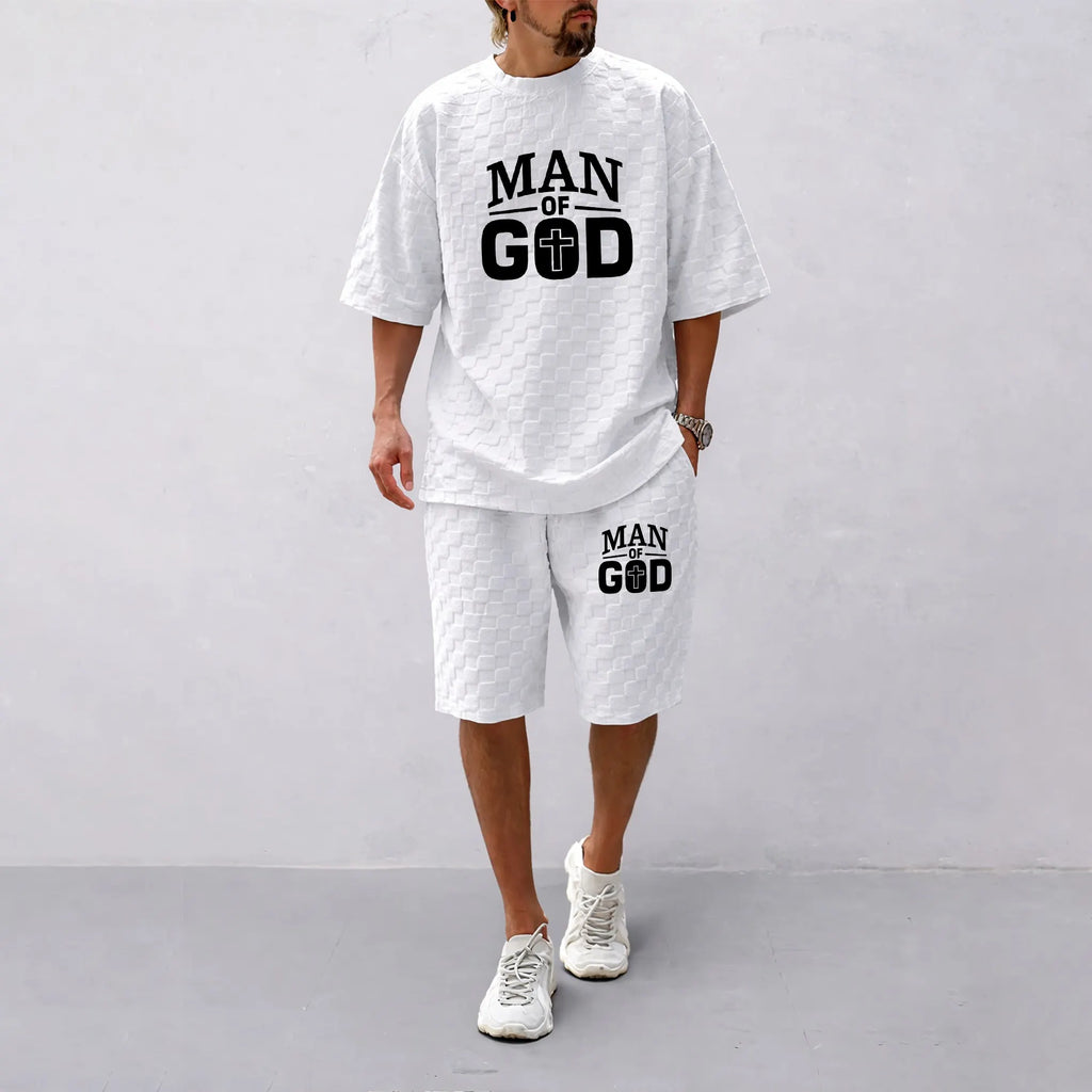 Men's Spring and Summer 'Man of God' Letter Print Checkered Fabric Drawstring Shorts Set, Casual Summer Outfit with Short-Sleeved Shirt and Shorts, Ideal for Everyday Wear and Sports Activities.
