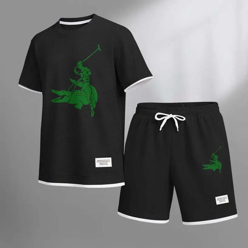 Men's Funny Crocodile Print Waffle Fabric Short-Sleeved Shirt And Shorts Set 02