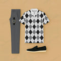 Men's Casual Black &  White Rhombus Printed Short-Sleeve T-Shirt And Pants Two-Piece Set